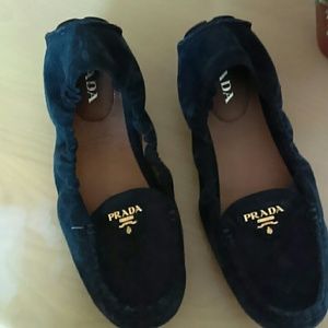 Prada Navy Blue Suede Loafers with Gold Logo